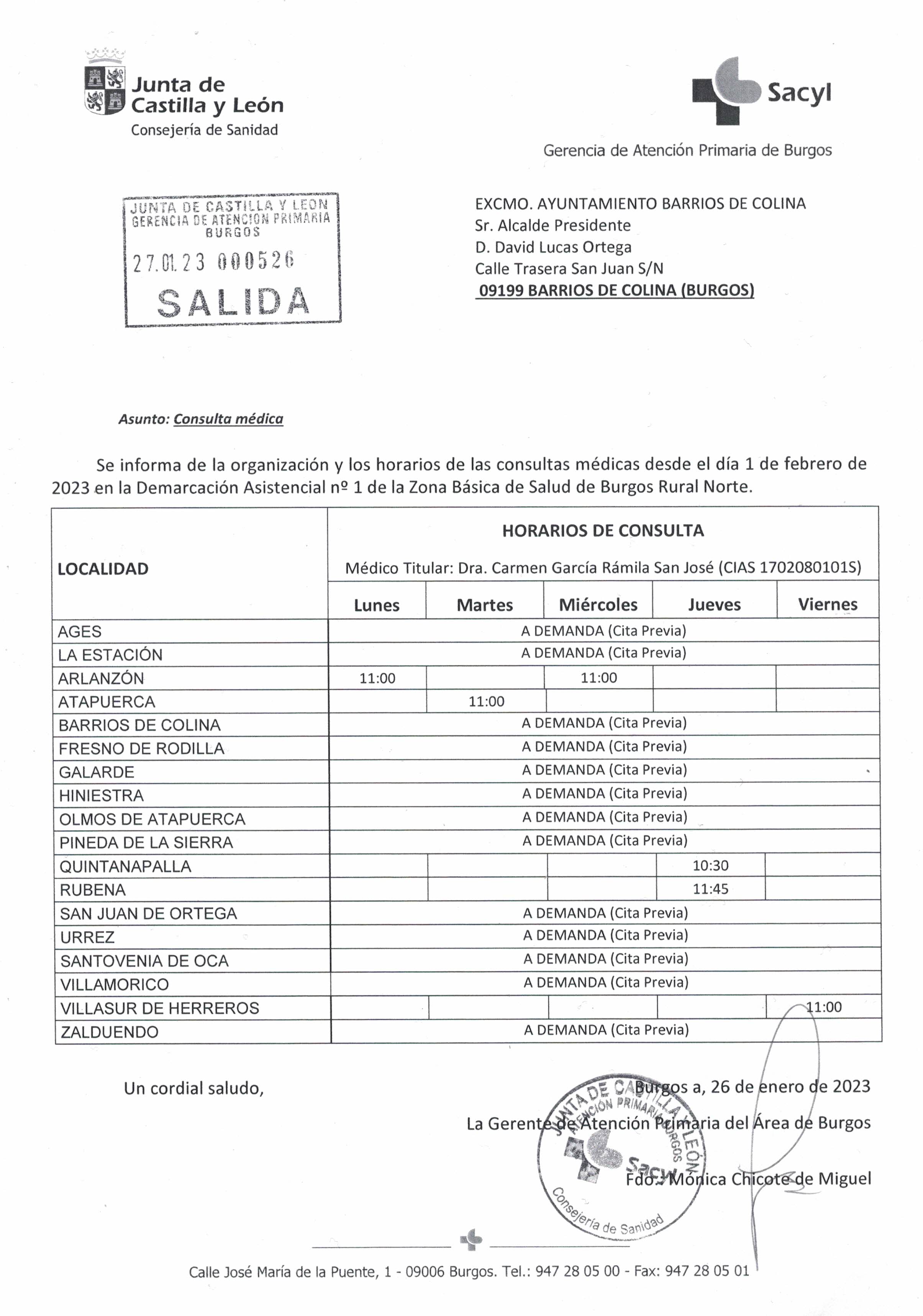 Carta remitida por la Gerencia de Atención Primaria